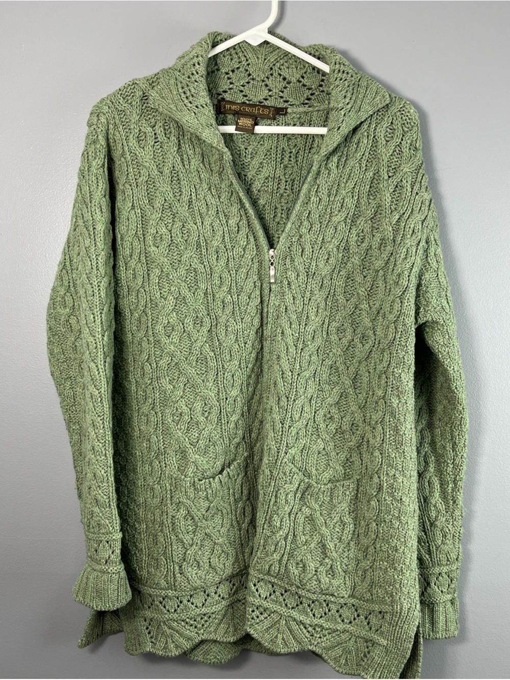 Handcrafted Cable-Knit Zip Hoodie Cardigan in Olive Green